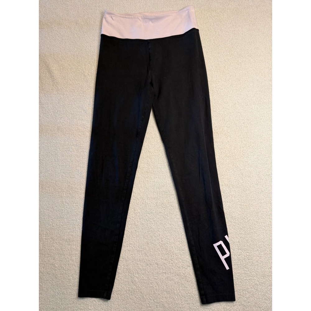 Victorias Secret PINK Leggings Black Pink Foldover Waist Logo Graphic Small